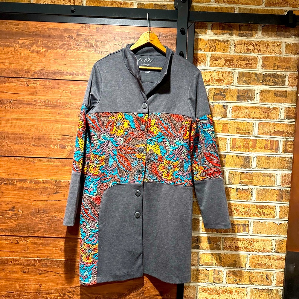 UbU Escape Gray Long Tapestry Accented Coat S Medium Soft Comfy Button Front -42